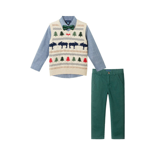 Kids Sweater Vest W/Buttondown & Twill Pant Set | Beige Fair Isle