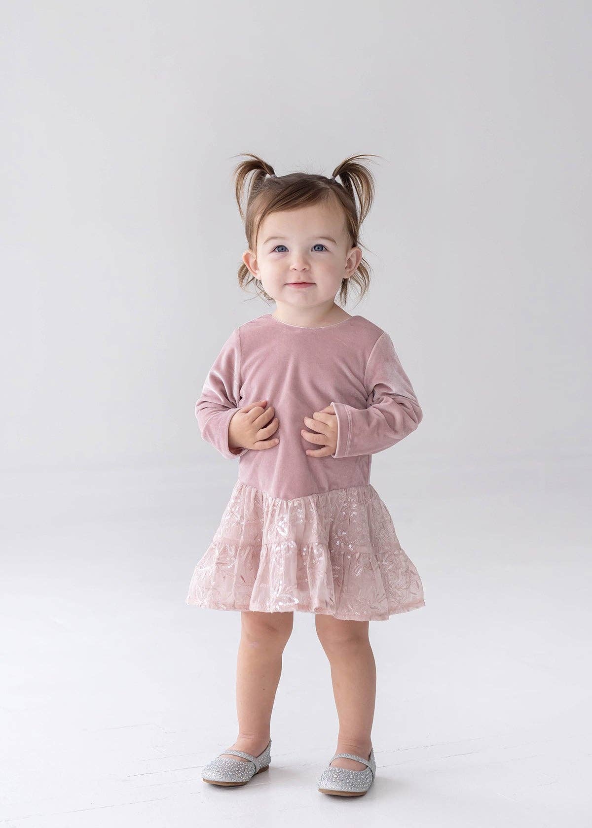 Dusty Rose Dress Long Sleeve Floral Tiered Sequin Dress