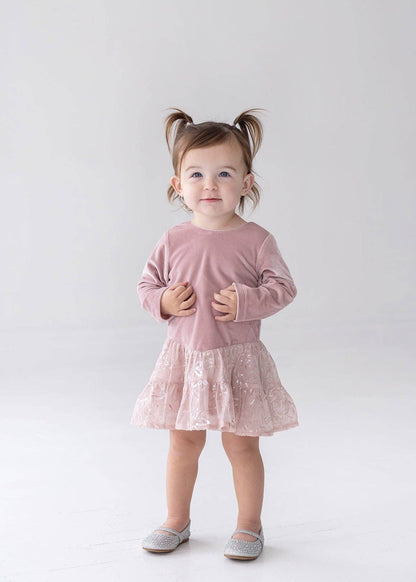 Dusty Rose Dress Long Sleeve Floral Tiered Sequin Dress