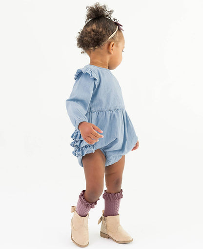 Baby Girls Light Wash Long Sleeve Flutter Bubble Romper