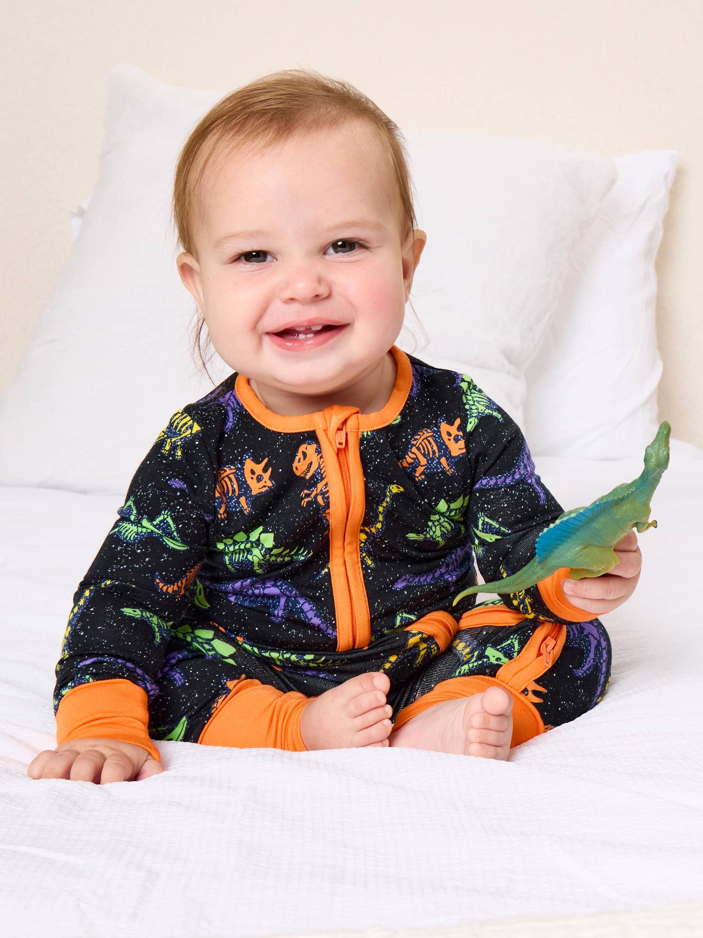 SoftSnooze™ Baby Bamboo Viscose Prehistoric Dinosaur Pals Glow-In-The-Dark Convertible One Piece Footie Pajama