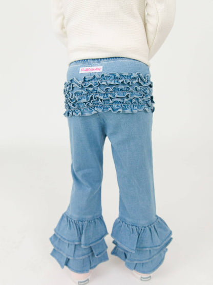 Toddler Girls Light Wash Stretch Denim Ruffle Flare Pants with Signature Rear Ruffles