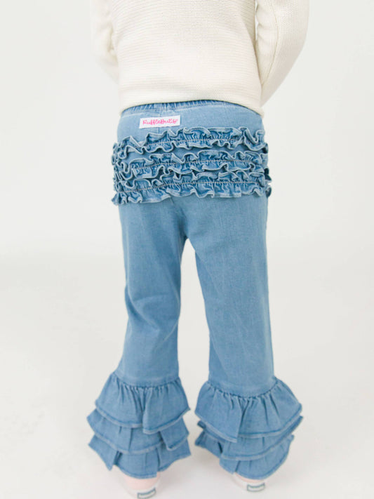 Toddler Girls Light Wash Stretch Denim Ruffle Flare Pants with Signature Rear Ruffles