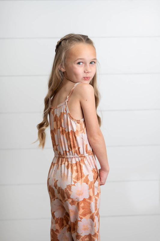 Kids Golden Peach Floral Jumpsuit With Pockets