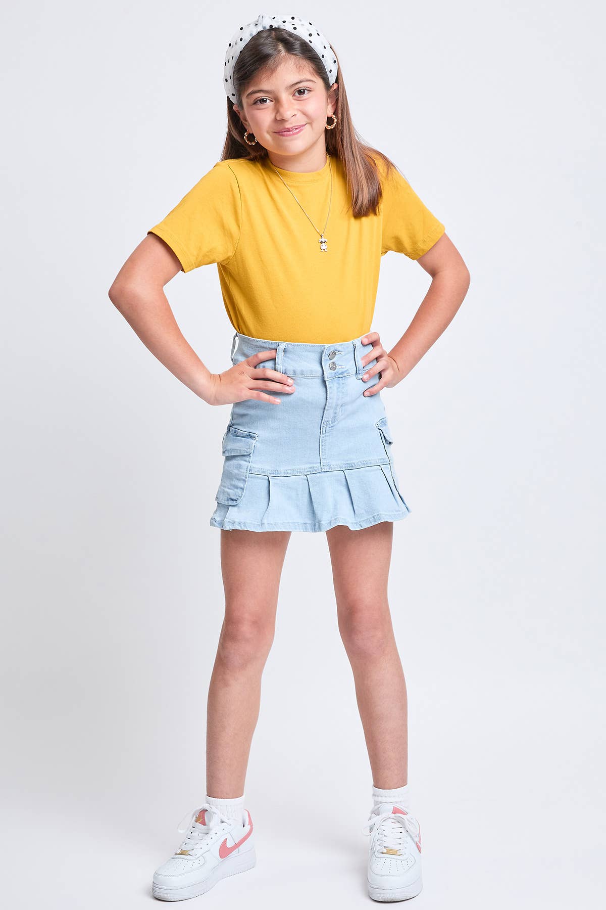 Girls Cargo Pleated Denim Mini Skirt