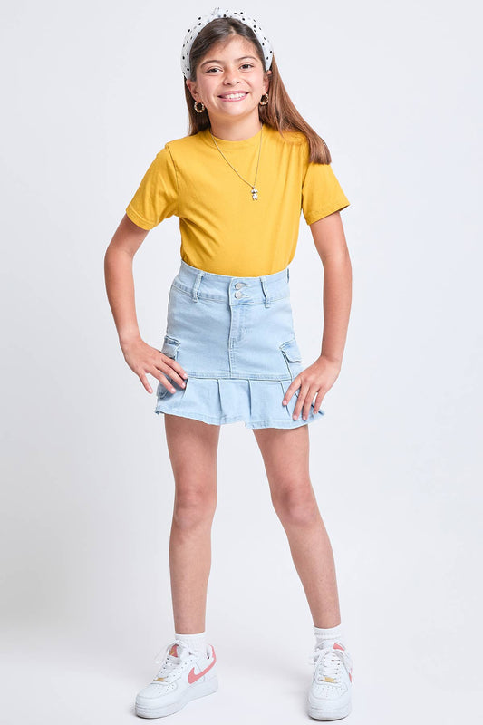 Girls Cargo Pleated Denim Mini Skirt