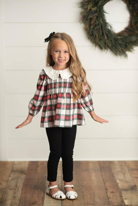 Kids Plaid Smocked Holiday Button Back Two Piece Set