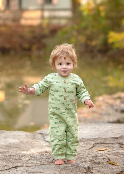 Matthew Long Sleeve Fish Print Straight Leg Romper