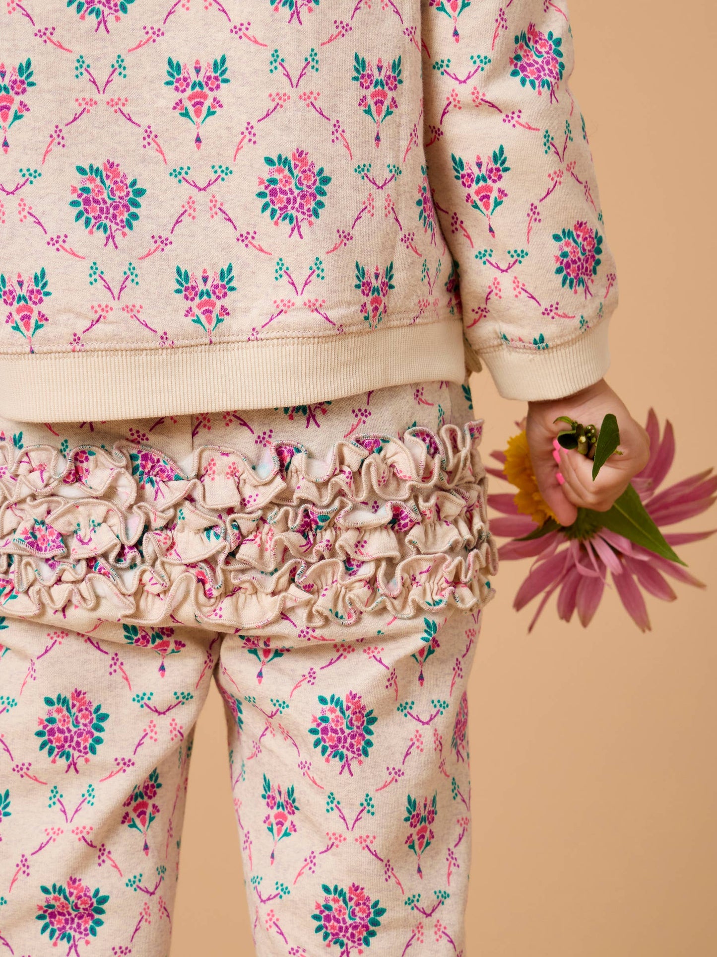 Toddler Girls Heather Oatmeal Bouquets Flutter Sweatshirt Jogger Set with Signature Rear Ruffles
