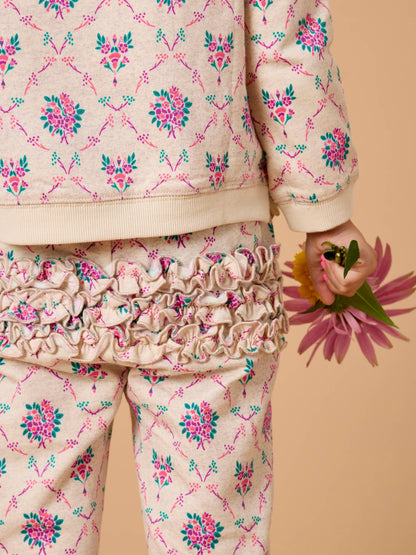 Toddler Girls Heather Oatmeal Bouquets Flutter Sweatshirt Jogger Set with Signature Rear Ruffles