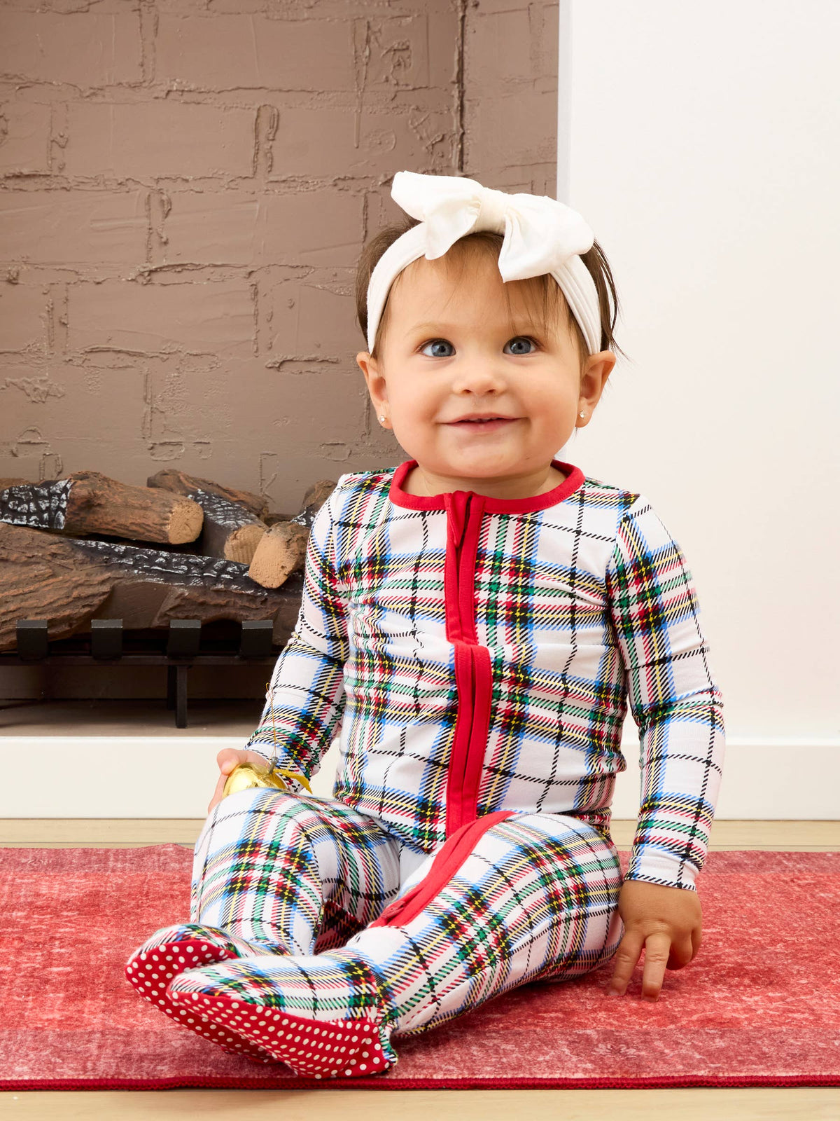 SoftSnooze™ Baby Cotton Modal White Nicholas Christmas Plaid Footed One Piece Pajama