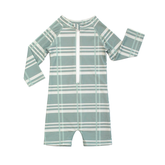 Blue Plaid Boys One Piece Rashguard  Swimsuit
