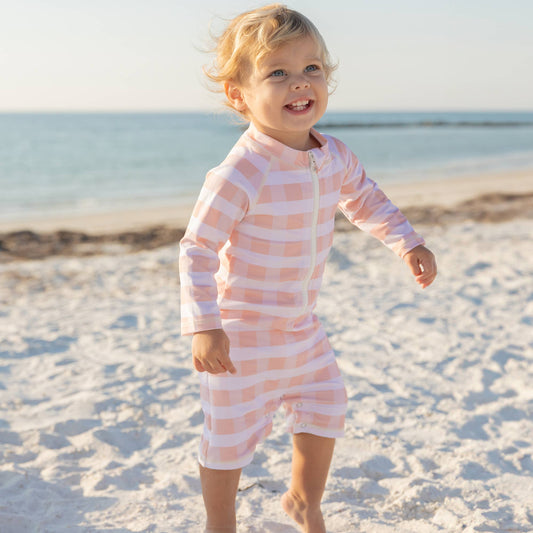 Pink Gingham Girls One Piece Rash guard Swimsuit