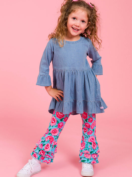 Girls Light Wash Stretch Denim High Low Ruffle Tunic