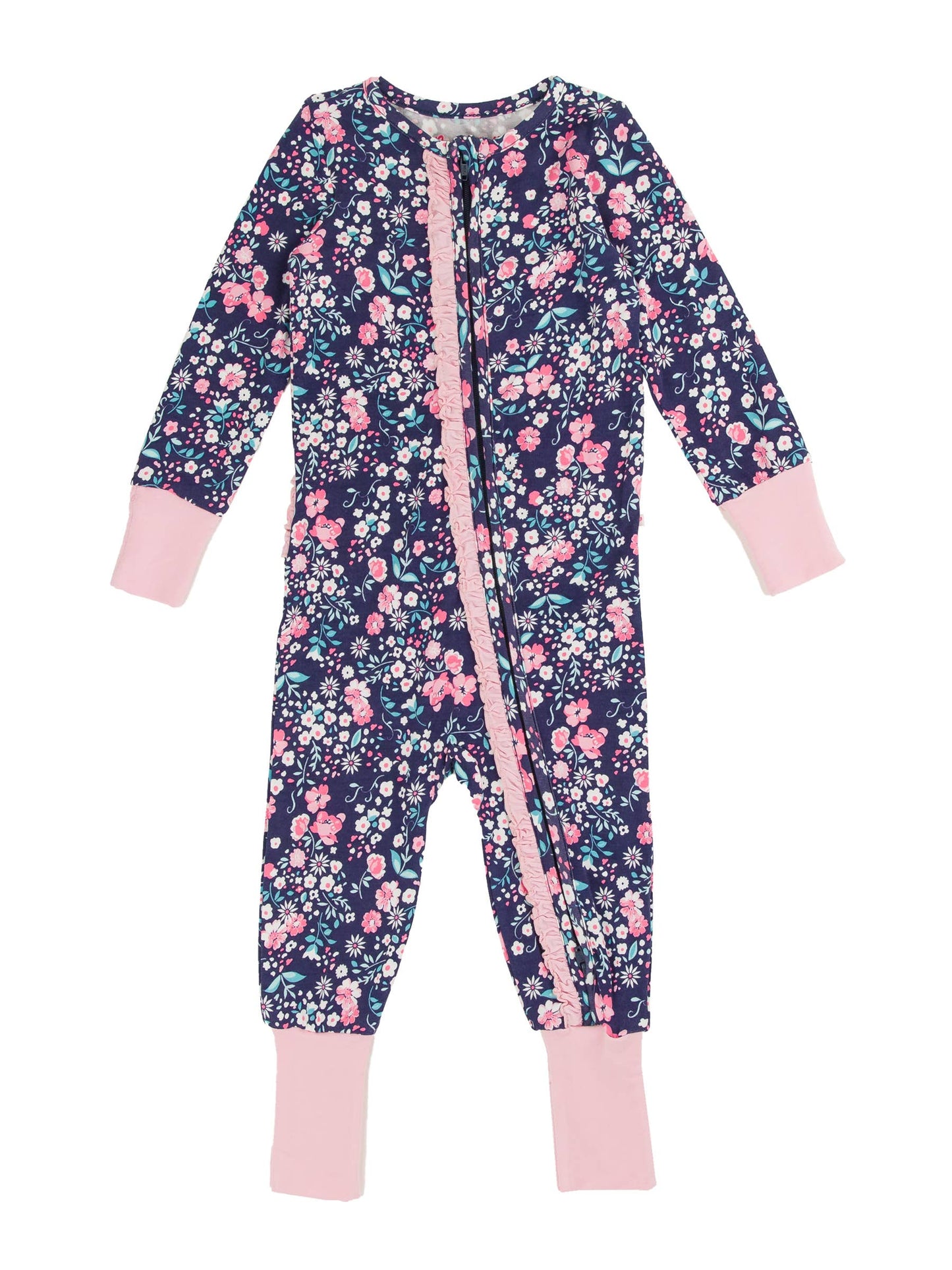 SoftSnooze™ Baby Girls Bamboo Viscose Moonlit Meadow Convertible Ruffle One Piece Footie Pajama