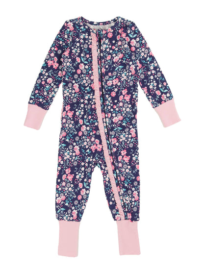 SoftSnooze™ Baby Girls Bamboo Viscose Moonlit Meadow Convertible Ruffle One Piece Footie Pajama