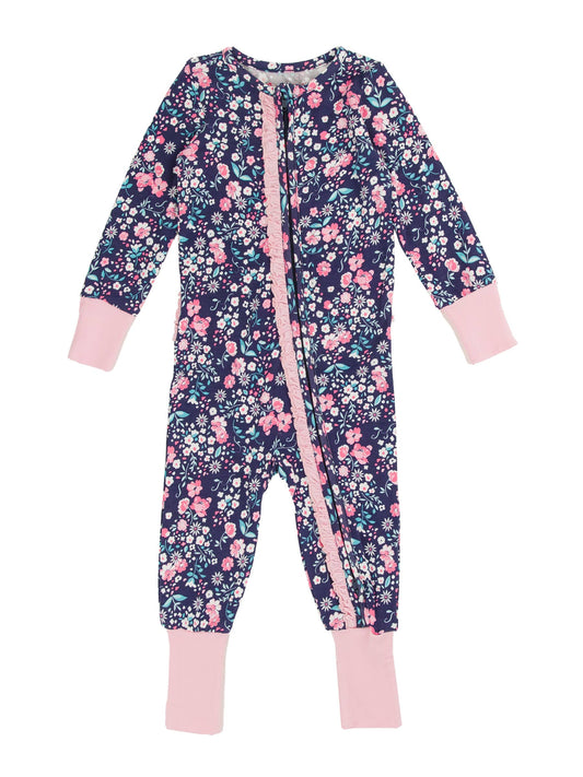 SoftSnooze™ Baby Girls Bamboo Viscose Moonlit Meadow Convertible Ruffle One Piece Footie Pajama