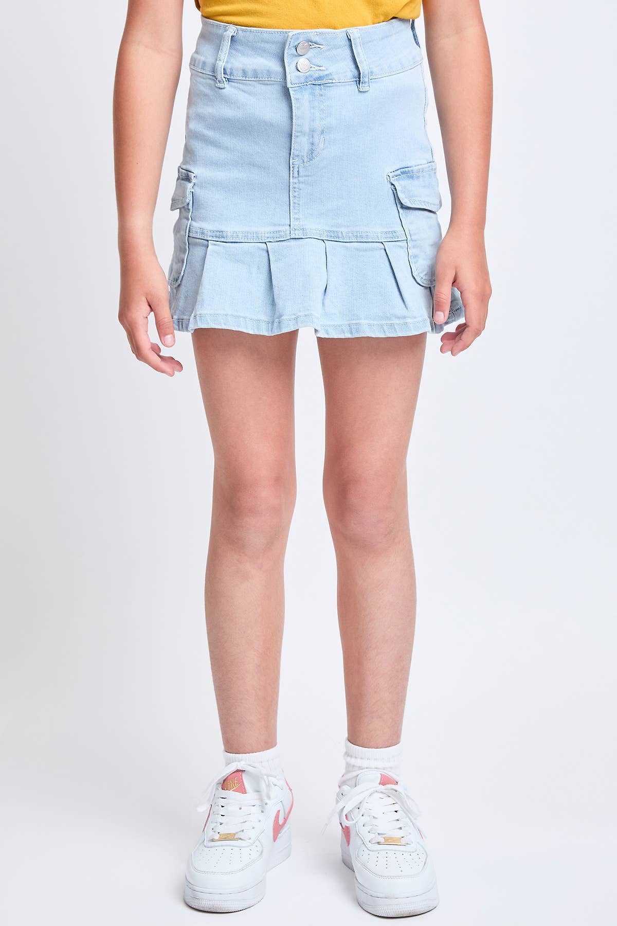 Girls Cargo Pleated Denim Mini Skirt