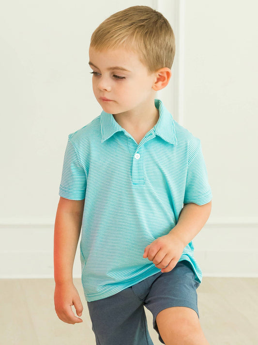 Boys Bright Aqua Micro Stripe Knit Short Sleeve Performance Polo