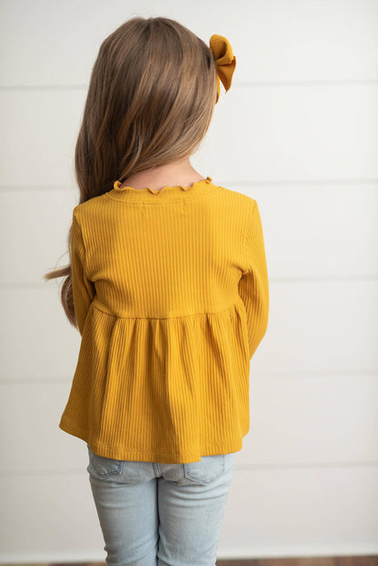 Kids Mustard Long Sleeve Lettuce Trim Ribbed Fall Shirt