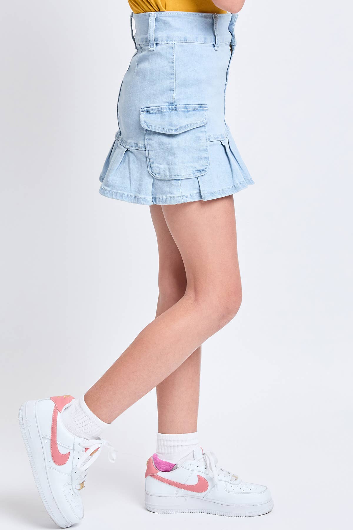 Girls Cargo Pleated Denim Mini Skirt