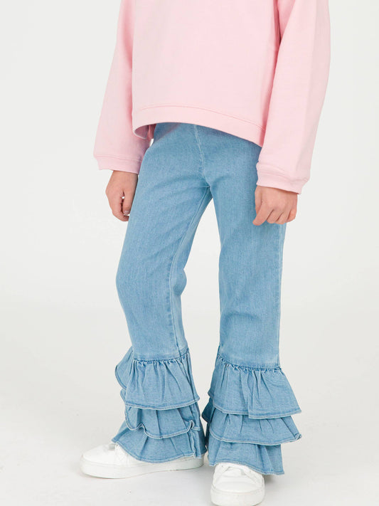 Girls Light Wash Stretch Denim Ruffle Flare Pants