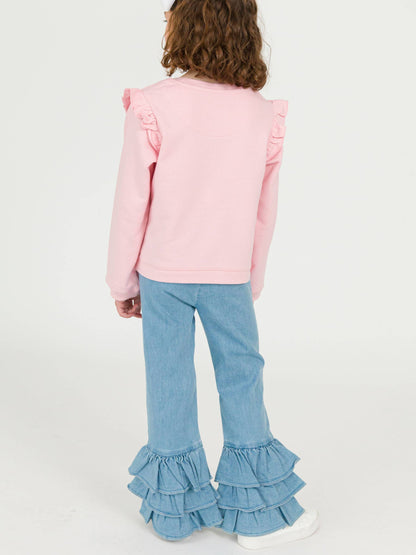 Girls Light Wash Stretch Denim Ruffle Flare Pants