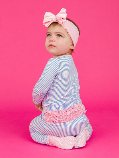 SoftSnooze™ Baby Girls Bamboo Viscose Periwinkle & White Micro Stripe Footed Ruffle One Piece Pajama