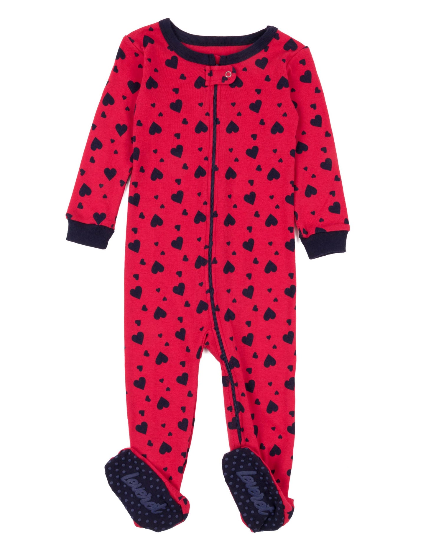 Kids Footed Cotton Pajamas Navy Hearts for Valentine's Day