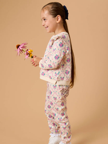 Toddler Girls Heather Oatmeal Bouquets Flutter Sweatshirt Jogger Set with Signature Rear Ruffles