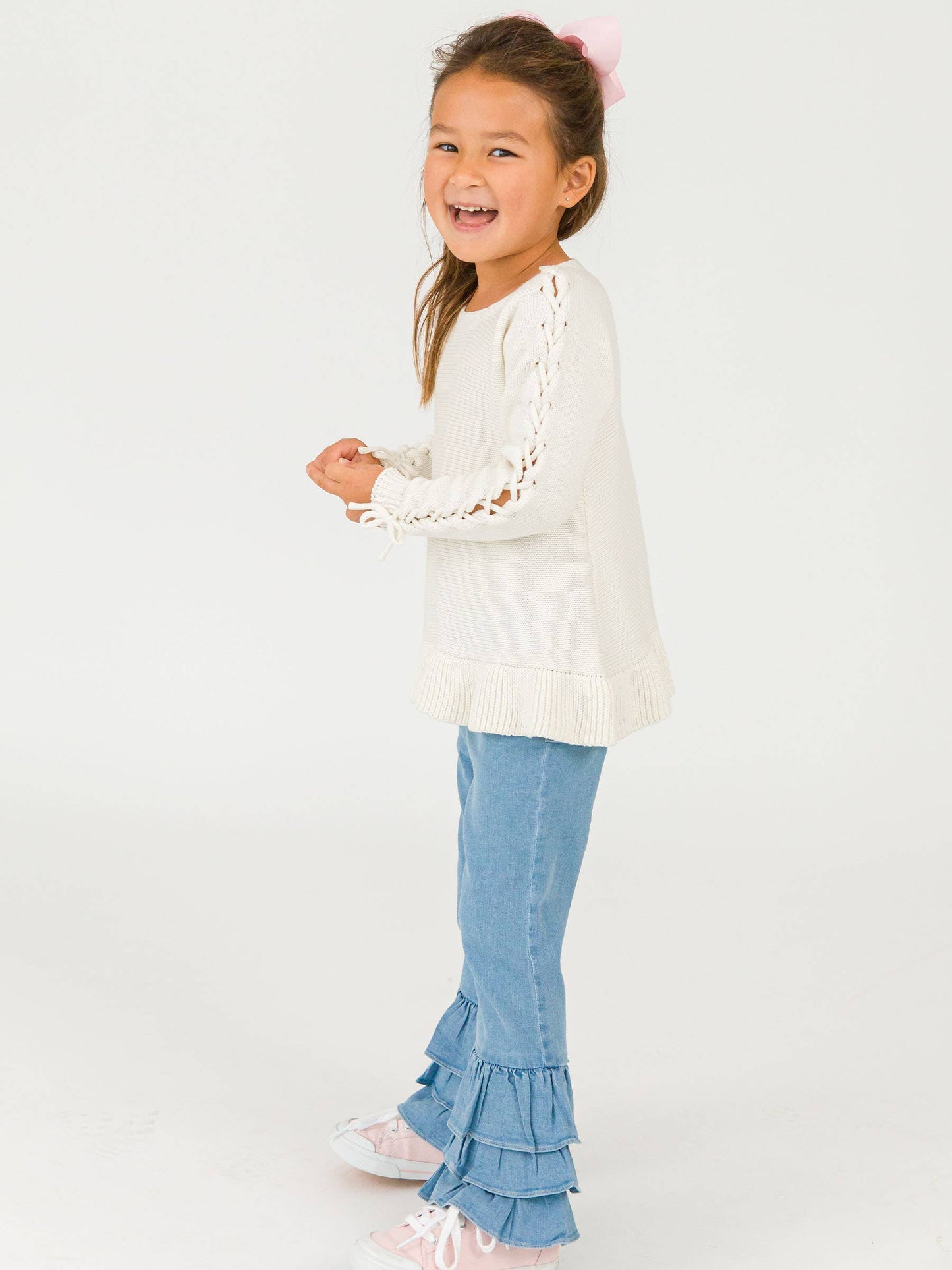 Toddler Girls Light Wash Stretch Denim Ruffle Flare Pants with Signature Rear Ruffles