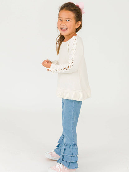 Toddler Girls Light Wash Stretch Denim Ruffle Flare Pants with Signature Rear Ruffles