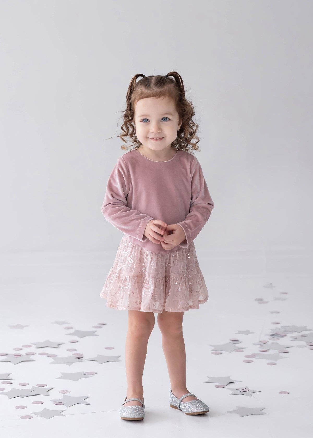 Dusty Rose Dress Long Sleeve Floral Tiered Sequin Dress