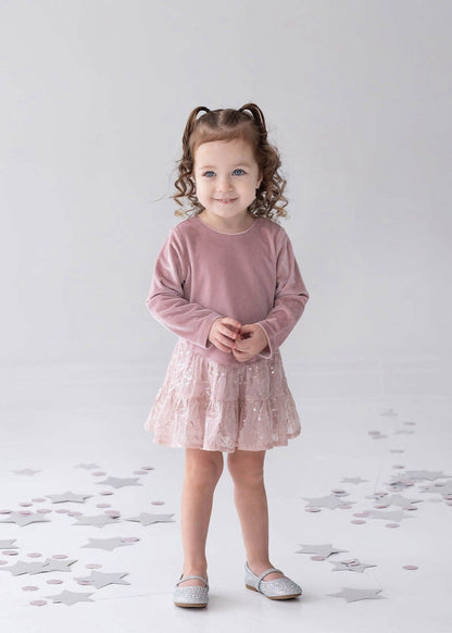 Dusty Rose Dress Long Sleeve Floral Tiered Sequin Dress