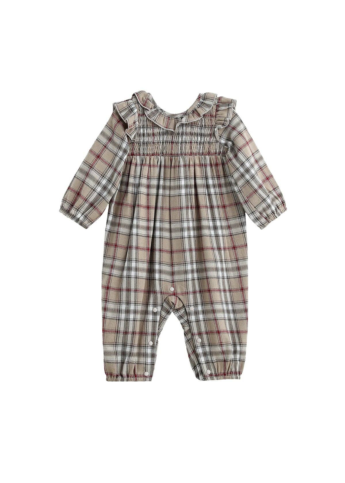 Chestnut Long Sleeve Plaid Smocked Ruffle Collar Romper