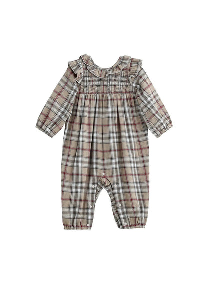 Chestnut Long Sleeve Plaid Smocked Ruffle Collar Romper