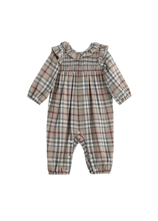 Chestnut Long Sleeve Plaid Smocked Ruffle Collar Romper