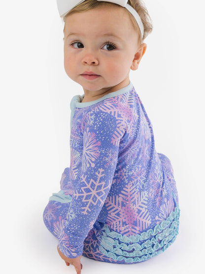 SoftSnooze™ Baby Girls Cotton Modal Shimmer Snowflakes Footed Ruffle One Piece Pajama