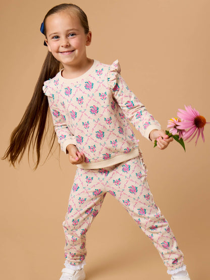 Toddler Girls Heather Oatmeal Bouquets Flutter Sweatshirt Jogger Set with Signature Rear Ruffles