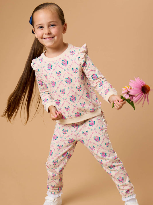 Toddler Girls Heather Oatmeal Bouquets Flutter Sweatshirt Jogger Set with Signature Rear Ruffles