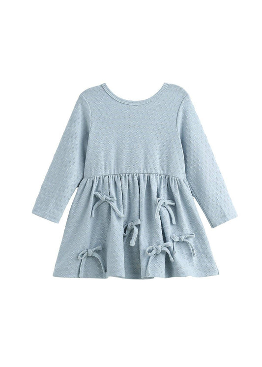 Eva Long Sleeve Textured A Line Bow Trim Dress