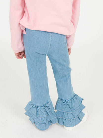 Girls Light Wash Stretch Denim Ruffle Flare Pants