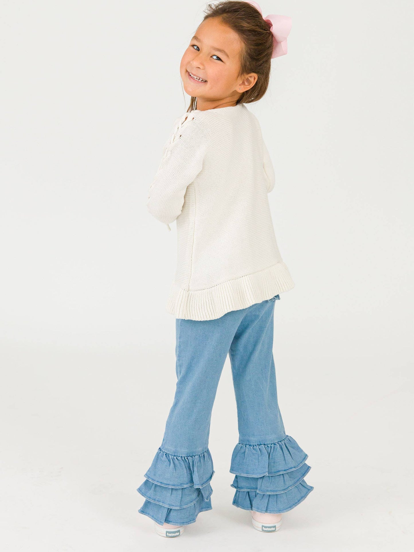 Toddler Girls Light Wash Stretch Denim Ruffle Flare Pants with Signature Rear Ruffles