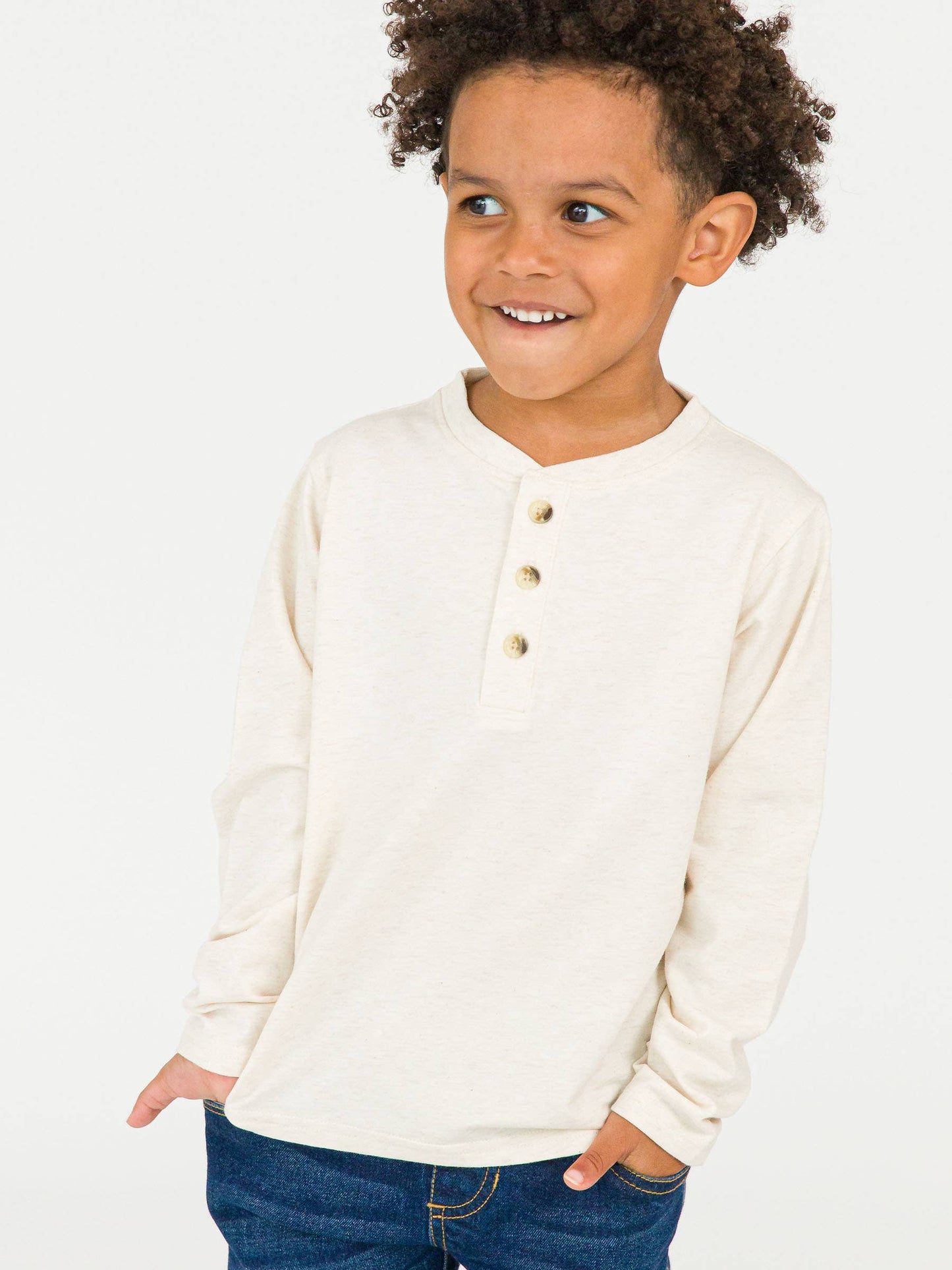 Boys Heather Oatmeal Knit Long Sleeve Henley Tee