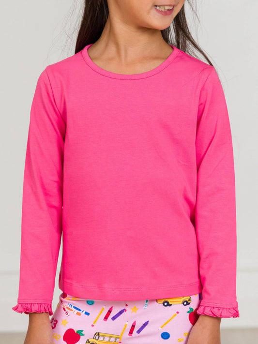 Girls Hot Pink Knit Long Sleeve Ruffle Sleeve Top