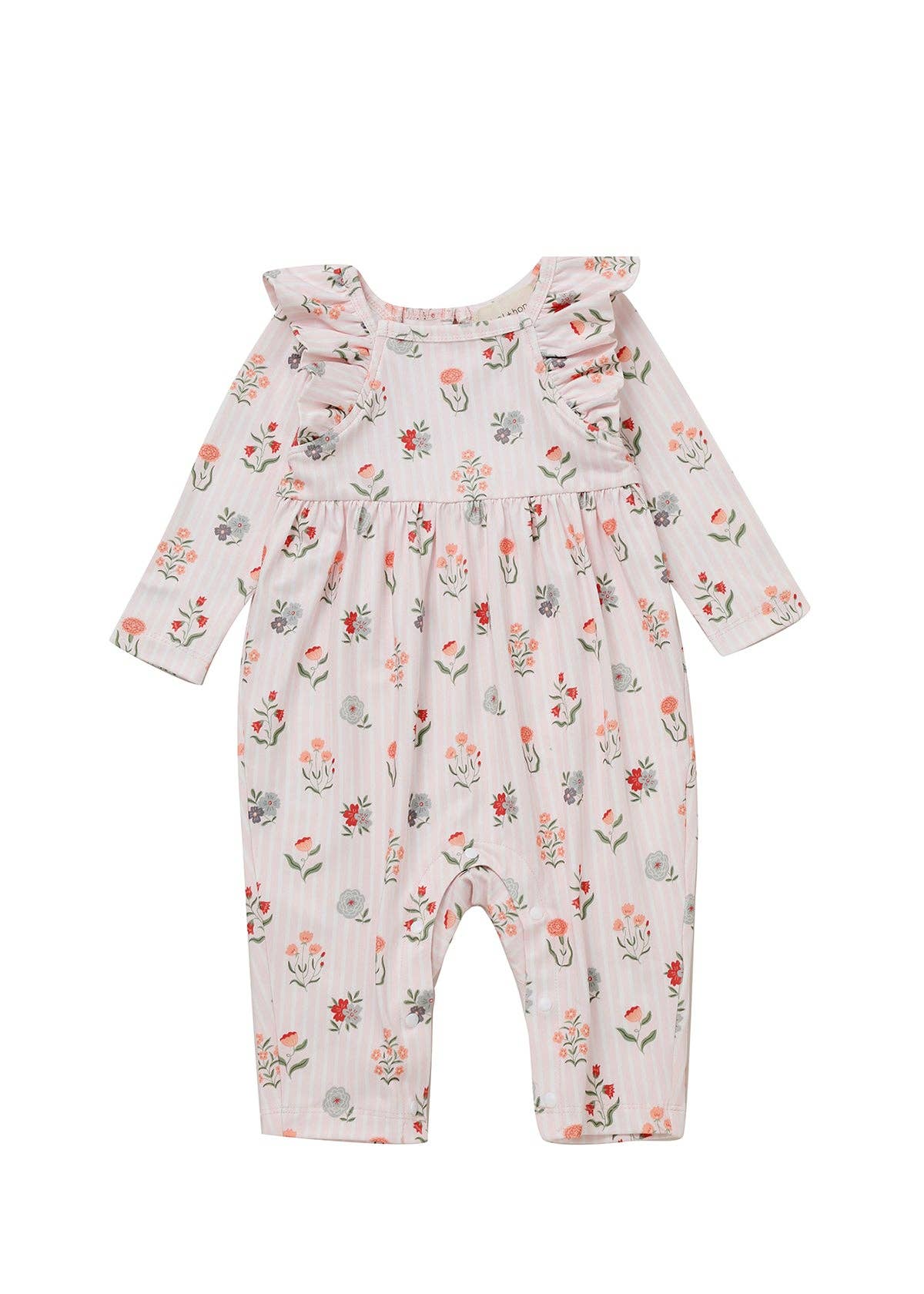 Amelia Rose Long Sleeve Floral Print Ruffle Trim Romper