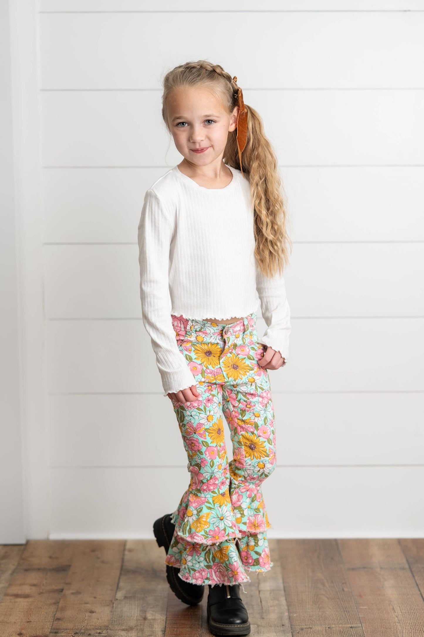 Kids Flower Double Ruffle Denim Jeans