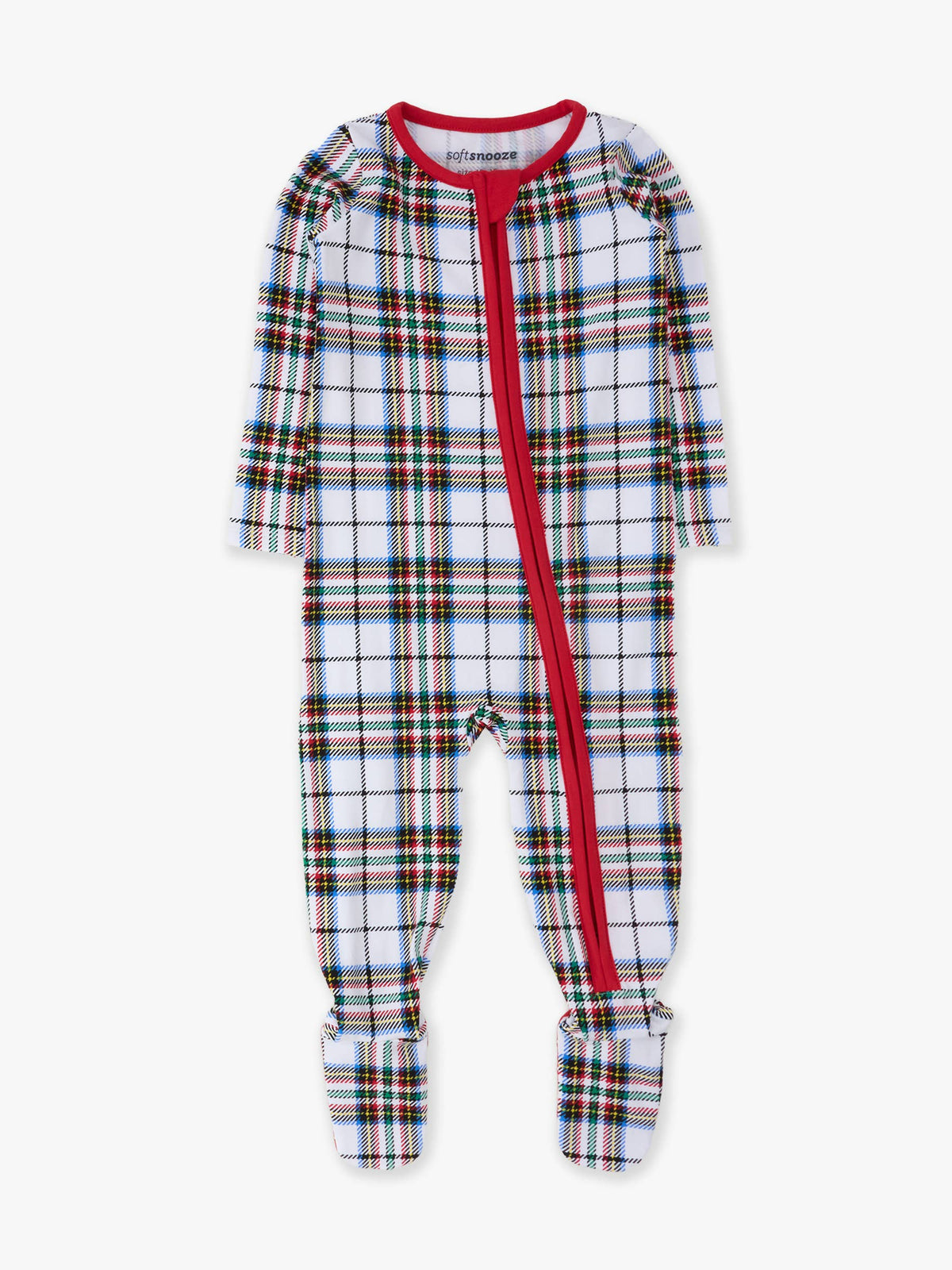SoftSnooze™ Baby Cotton Modal White Nicholas Christmas Plaid Footed One Piece Pajama