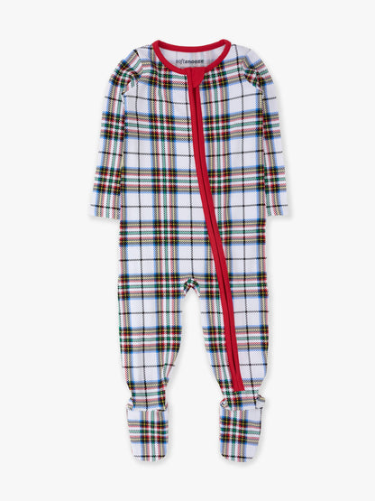 SoftSnooze™ Baby Cotton Modal White Nicholas Christmas Plaid Footed One Piece Pajama