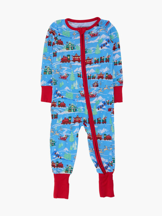SoftSnooze™ Baby Bamboo Viscose Winter Wonderland Christmas Train Express Convertible One Piece Footie Pajama